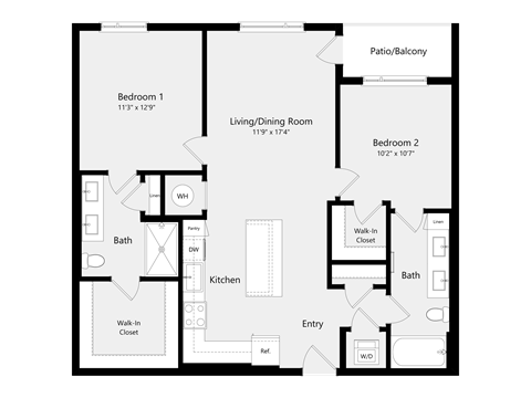 Floor plan for 2 beds, 2 baths, 1052 sqft